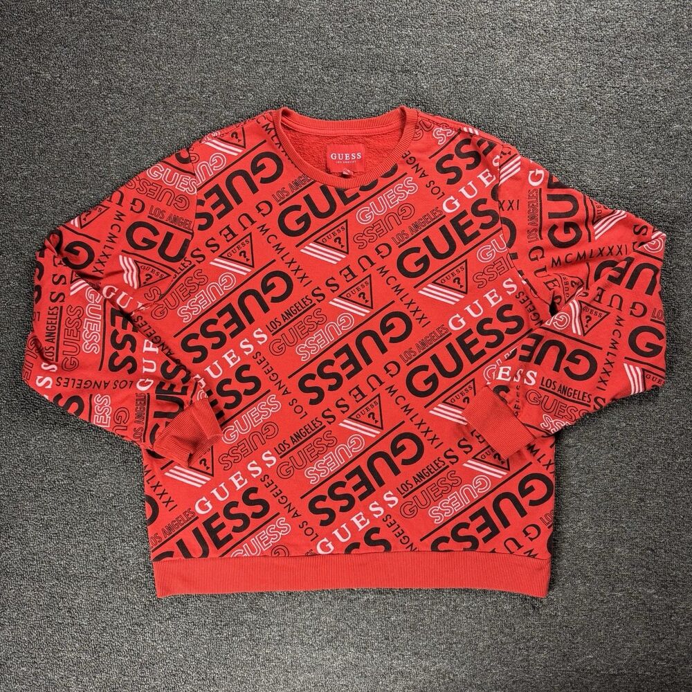 Guess Red Sweater Womens XL All Over Logo Print Los Angeles Black White Detail